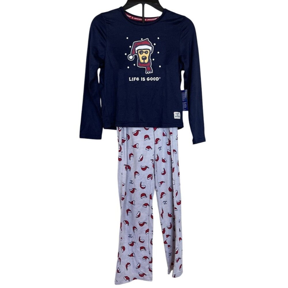 Life Is Good Kids Santa Dog Christmas PJ’s‎ Pajamas Size 6 Navy White